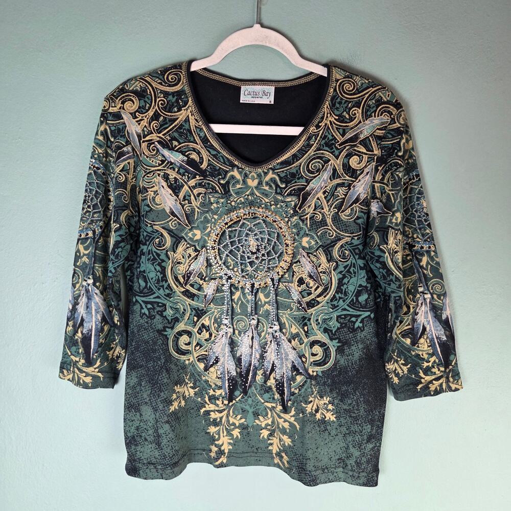 Cactus Bay Apparel Womens Small Green Embellished Dreamcatcher Top Western Boho